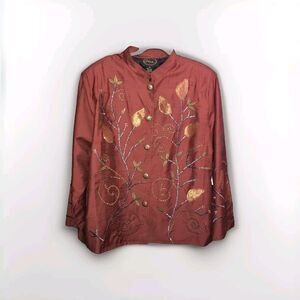 Alex Kim Boho Blouse Long Sleeves 1x‎ Burgundy Gold Embroidery Floral Leaves